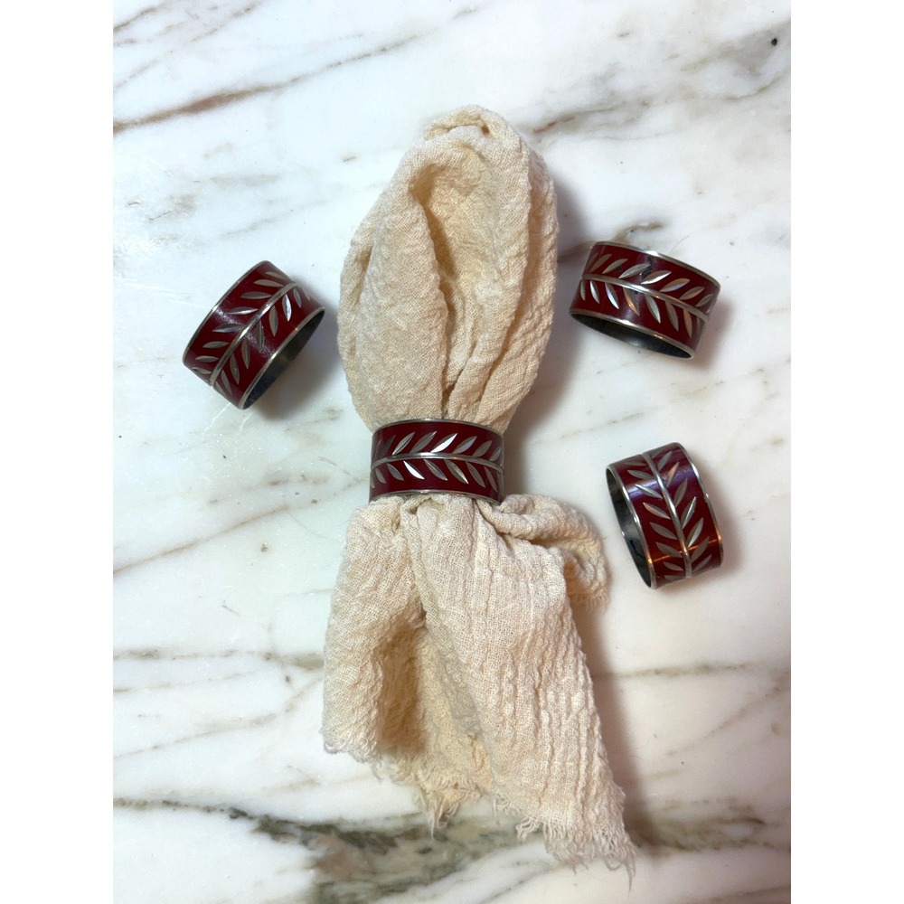 Vintage Burgundy Enamel Silver Leaf Napkin Rings Set of 4 Made in Hong Kong